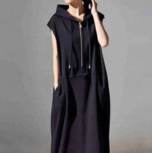 画像をギャラリービューアに読み込む, フード付きHラインカジュアルワンピース黒ワンピース
