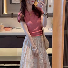 画像をギャラリービューアに読み込む, ピンク T シャツ 花柄ロングスカート セットアップ 夏 体型カバー 韓国風 大人可愛い ワンマイルコーデ
