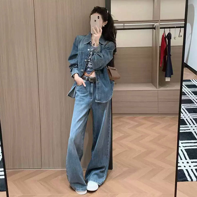 【オシャレ通勤】デニムセットアップ 長袖トップス+ハイウエストワイドパンツ カジュアルコーデ 着回し力抜群ベルトとスカーフ付き