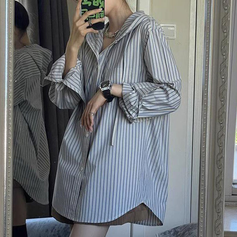 ストライプ柄フード付きシャツトップスけだるい風