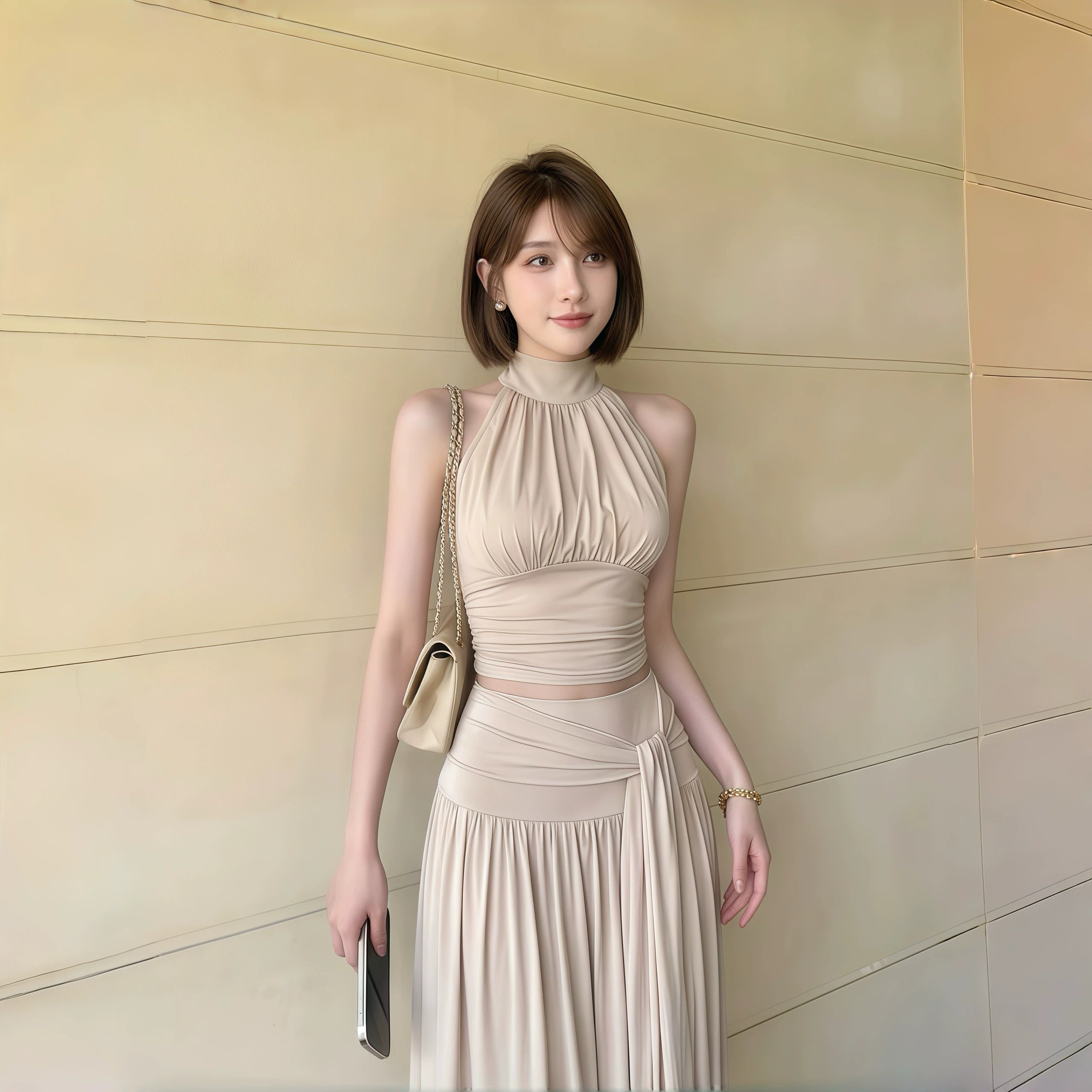 ハイネック ノースリーブ トップス + ロングスカート 2 点セットセットアップ 韓国風 大人可愛い リゾート