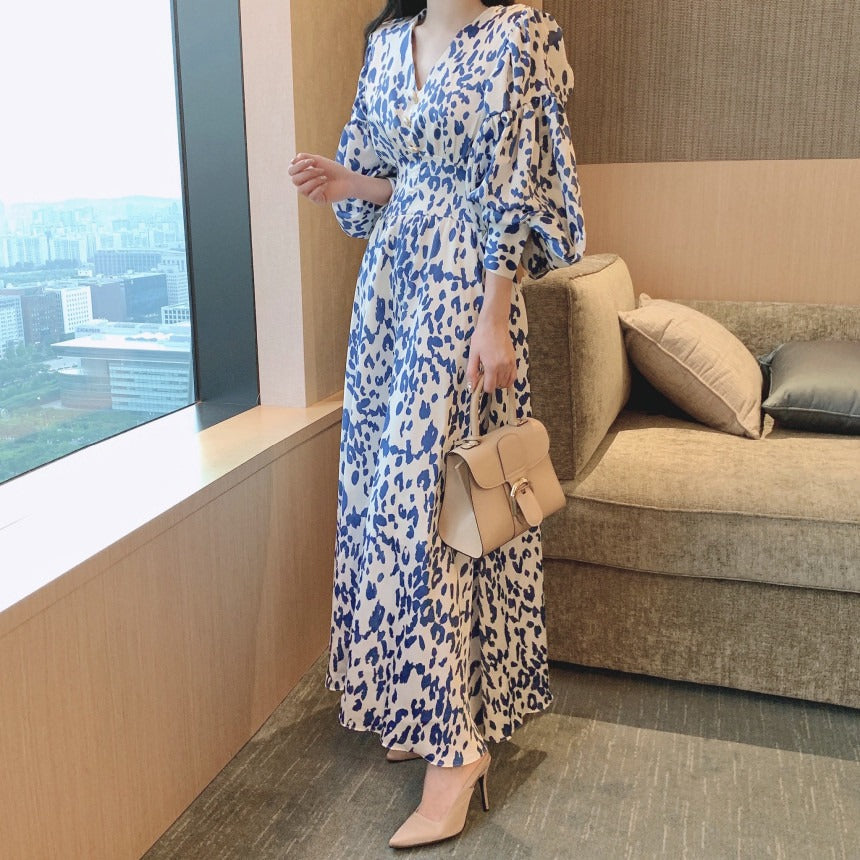 ヒョウ柄パフスリーブVネックデートワンピース