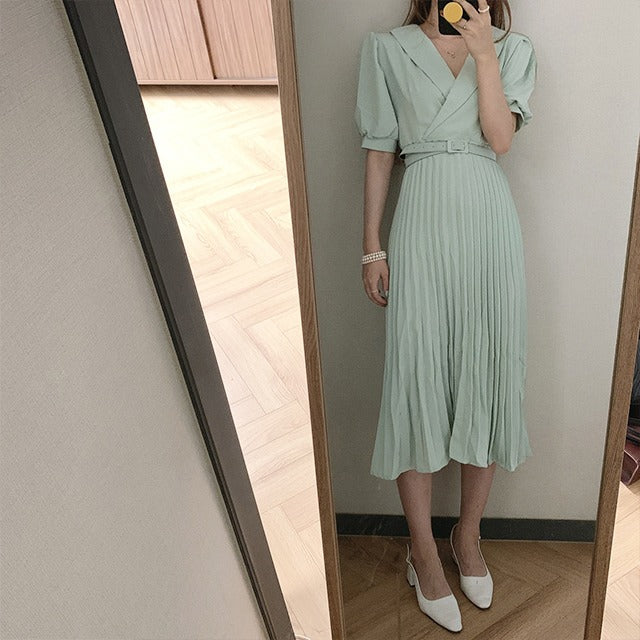 折ネックプリーツパフスリーブデートワンピース（ベルト付き）ジッパー付き