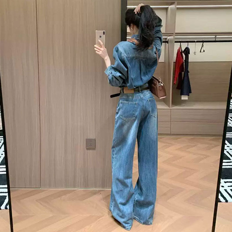【オシャレ通勤】デニムセットアップ 長袖トップス+ハイウエストワイドパンツ カジュアルコーデ 着回し力抜群ベルトとスカーフ付き