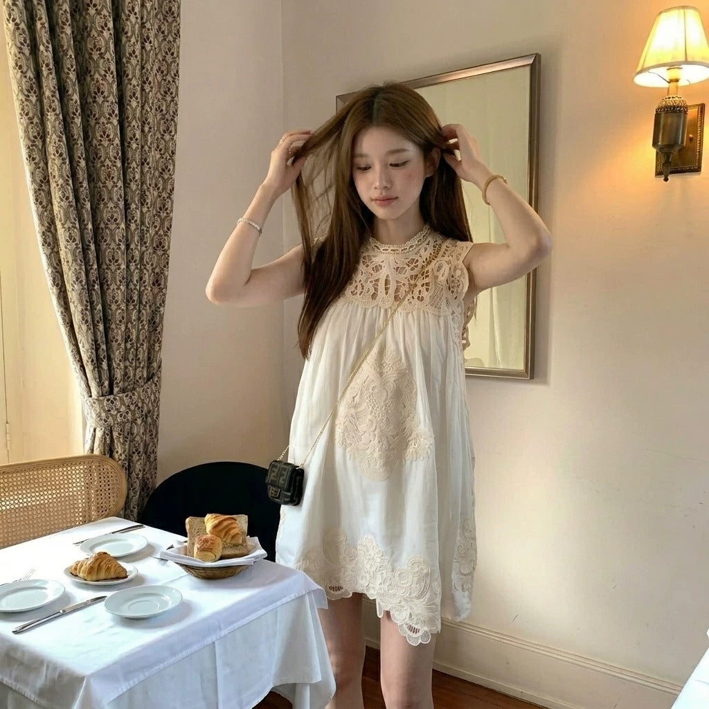 ノースリーブ レースワンピース 韓国風 ゆったり Aライン ミニ丈 大人可愛い デート お出かけカジュアルワンピース