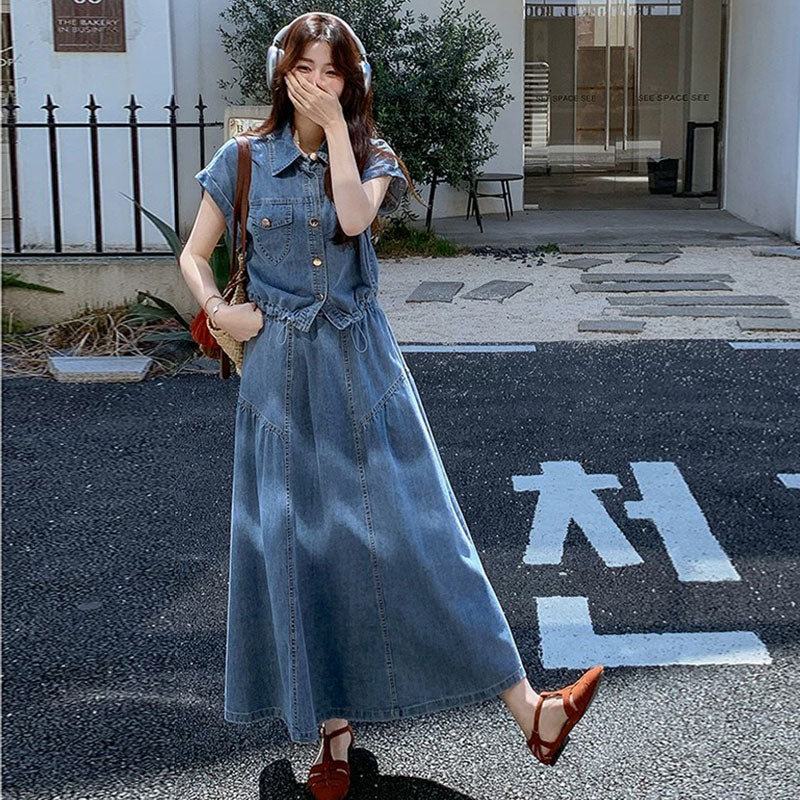デニムセットアップ レディース 半袖ジャケット ロングワンピーススカート 韓国ファッション ゆったり 大人カジュアル
