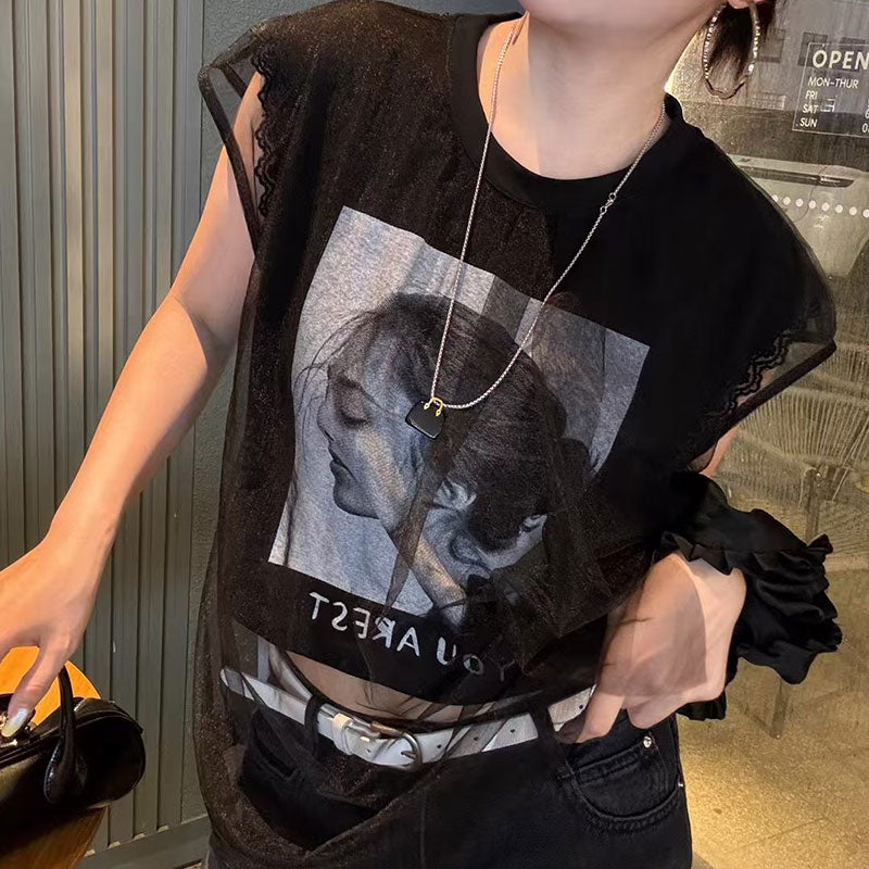 レースフレンチ袖重ね風Tシャツトップス