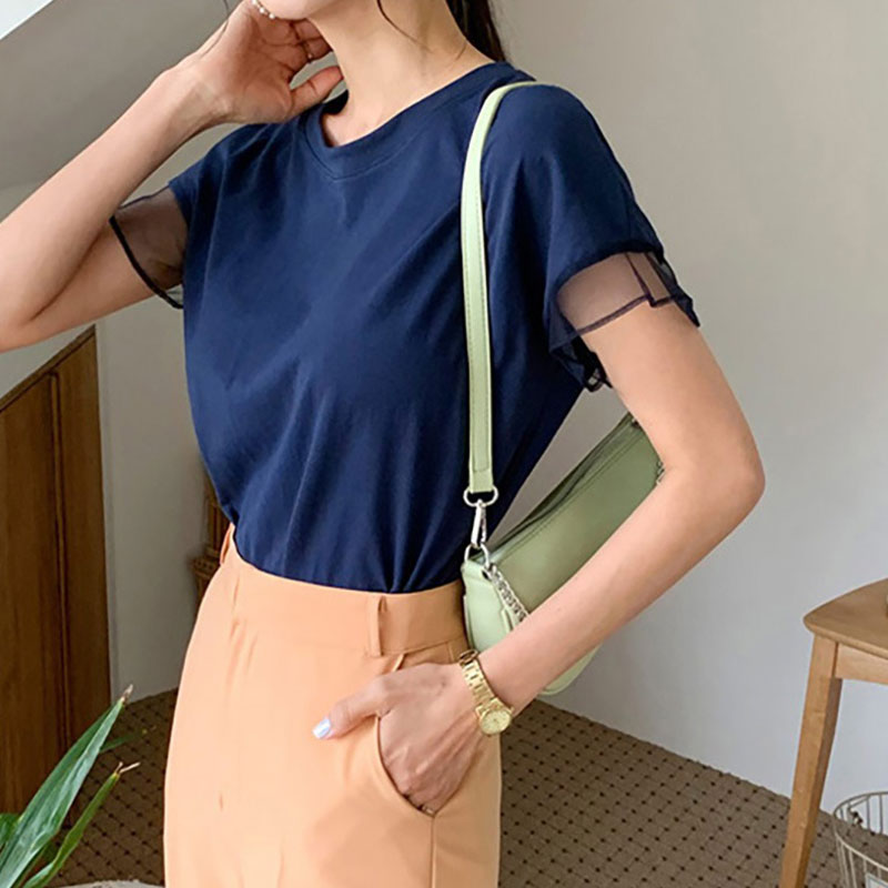 フレンチ袖メッシュ切替袖シンプルコーデTシャツトップス