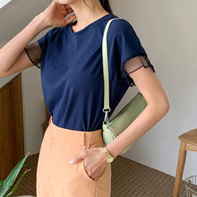 画像をギャラリービューアに読み込む, フレンチ袖メッシュ切替袖シンプルコーデTシャツトップス
