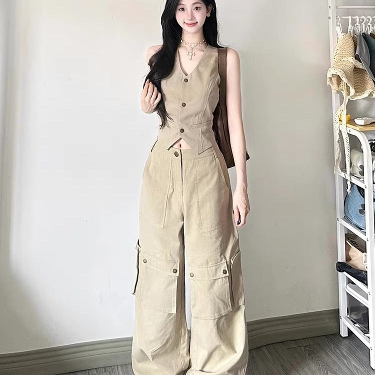 ノースリーブベスト セットアップ カーゴワイドパンツ ベージュ ナチュラル 大人カジュアル 韓国風 お出かけ