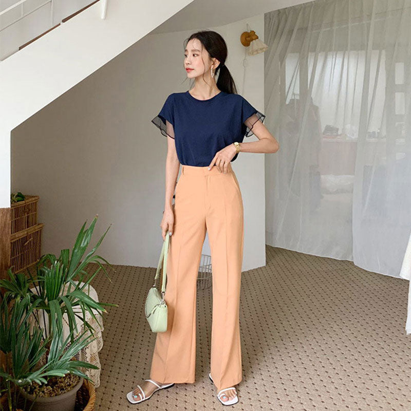 フレンチ袖メッシュ切替袖シンプルコーデTシャツトップス