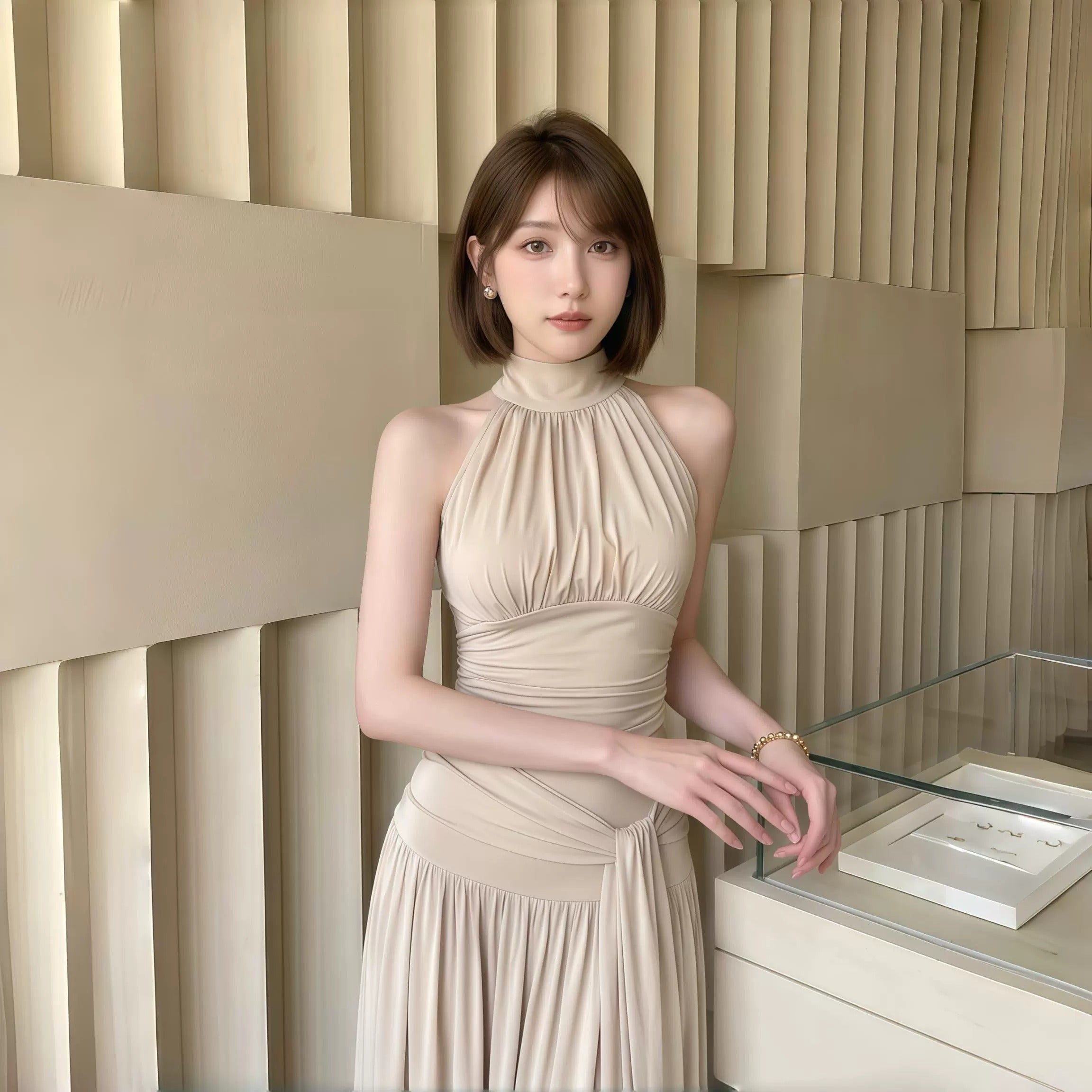 ハイネック ノースリーブ トップス + ロングスカート 2 点セットセットアップ 韓国風 大人可愛い リゾート