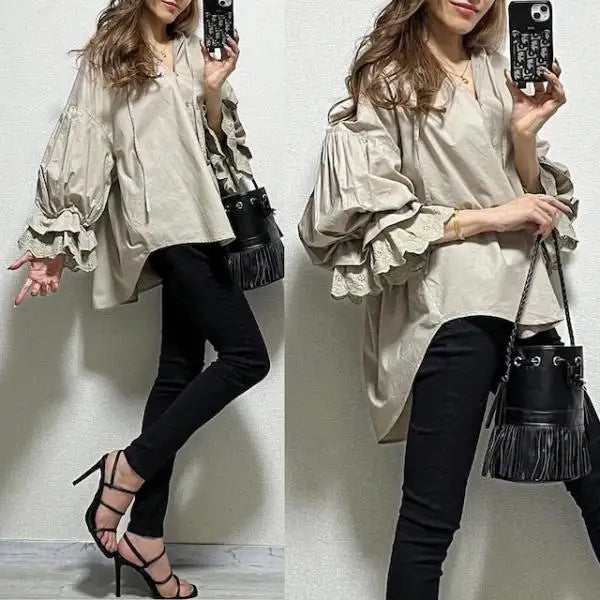 トラペットレース切替ブラウスシャツトップス