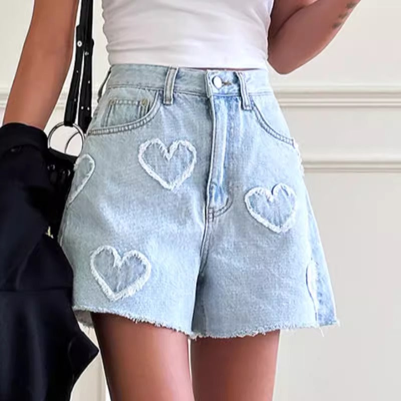 ハートプリントデニムパンツショートパンツダメージデザイン