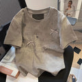 ビーズ付きリボンアルファペットプリント半袖Tシャツトップス