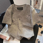 ビーズ付きリボンアルファペットプリント半袖Tシャツトップス