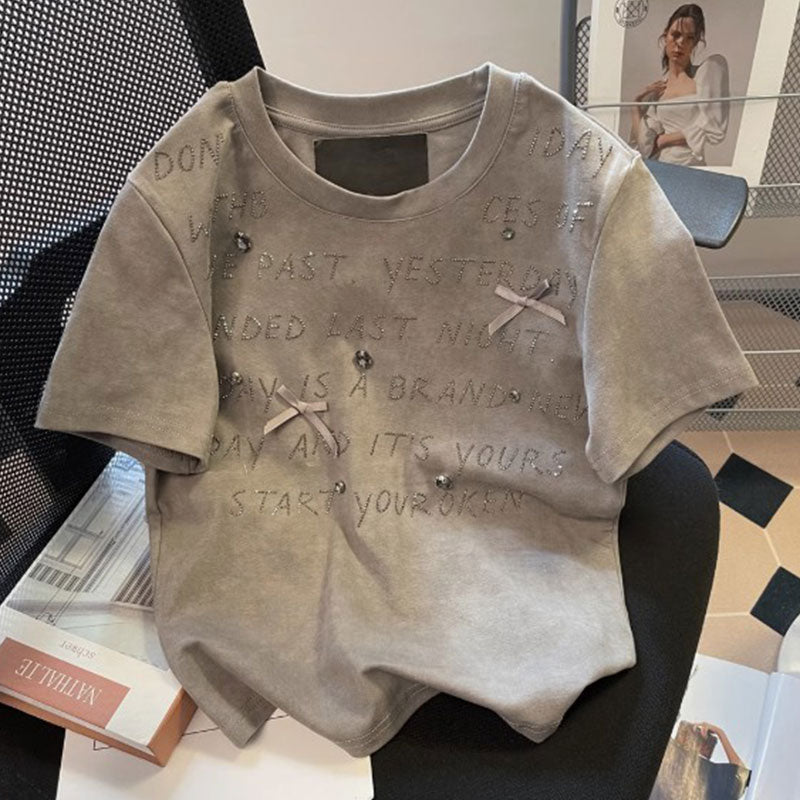 ビーズ付きリボンアルファペットプリント半袖Tシャツトップス