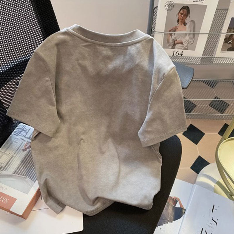 ビーズ付きリボンアルファペットプリント半袖Tシャツトップス