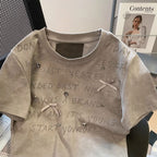 ビーズ付きリボンアルファペットプリント半袖Tシャツトップス