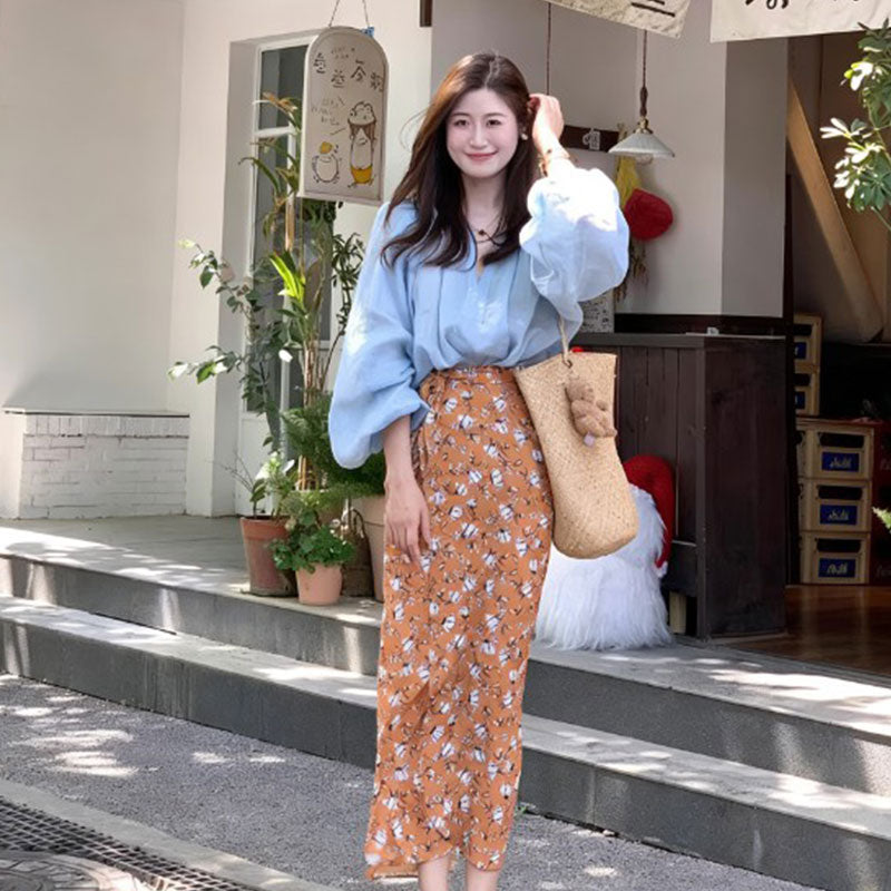 水色ブラウス × 花柄ロングスカート セットアップ レディース 春夏 ゆったり 通勤 カジュアル 大人可愛い