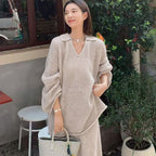 ケーブルニットカジュアルトップス＆ロングスカートセットアップ