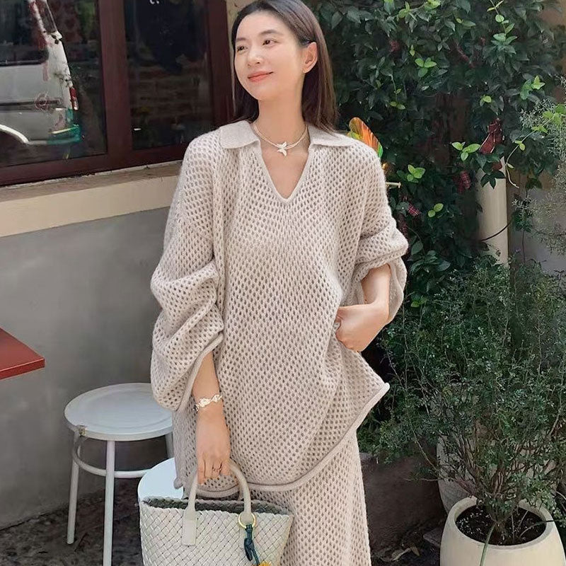 ケーブルニットカジュアルトップス＆ロングスカートセットアップ