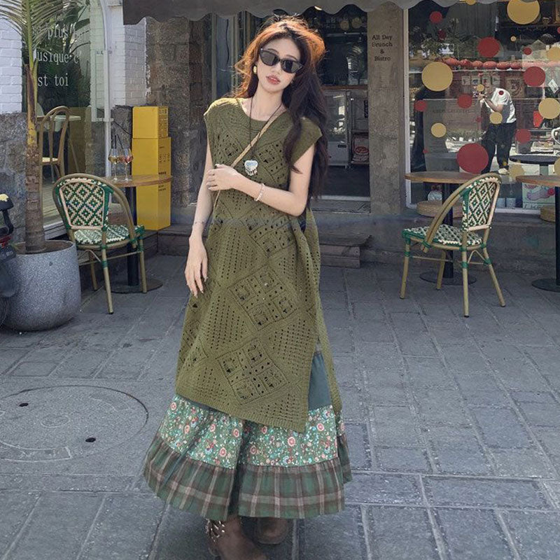 レトロロングケーブルトップスワンピース＆エスニック花柄Aラインスカートセットアップ