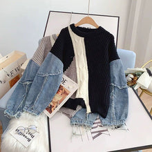 画像をギャラリービューアに読み込む, 配色切替デニム切替ダメージデザインニットセータートップス
