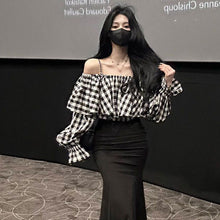 画像をギャラリービューアに読み込む, チェック柄ボートネックパフスリーブブラウストップス
