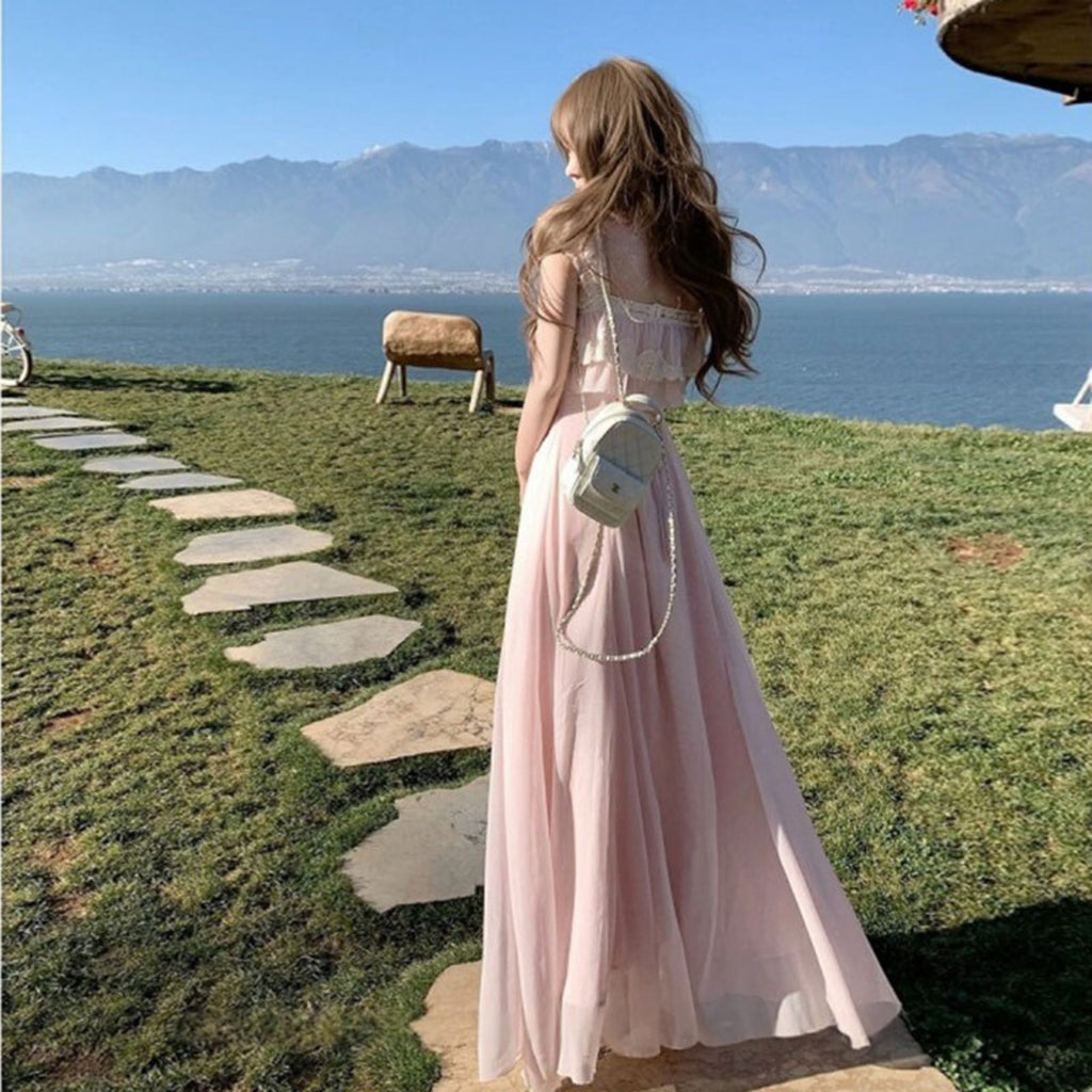 レディース キャミソールワンピース フリル ロング丈 大人可愛い デート 旅行
