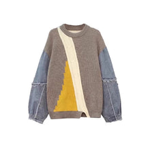 画像をギャラリービューアに読み込む, 配色切替デニム切替ダメージデザインニットセータートップス
