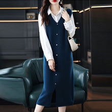 画像をギャラリービューアに読み込む, ニットベストワンピース偽ボタン付きスリットカジュアルワンピース着回しコーデしやすいワンピース
