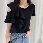 フレア裾半袖Tシャツショルダー開きデザイントップス