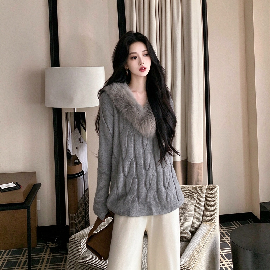 ファー襟 V ネック ケーブル編みニットセーター ゆったりトップス 韓国フェミニン 4 色展開
