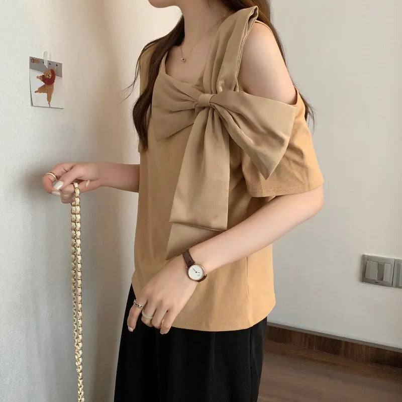 ショルダーリボン半袖Tシャツトップス