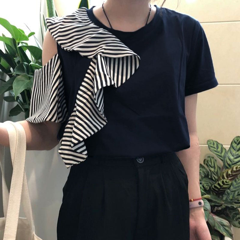 フレア裾半袖Tシャツショルダー開きデザイントップス
