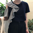 フレア裾半袖Tシャツショルダー開きデザイントップス