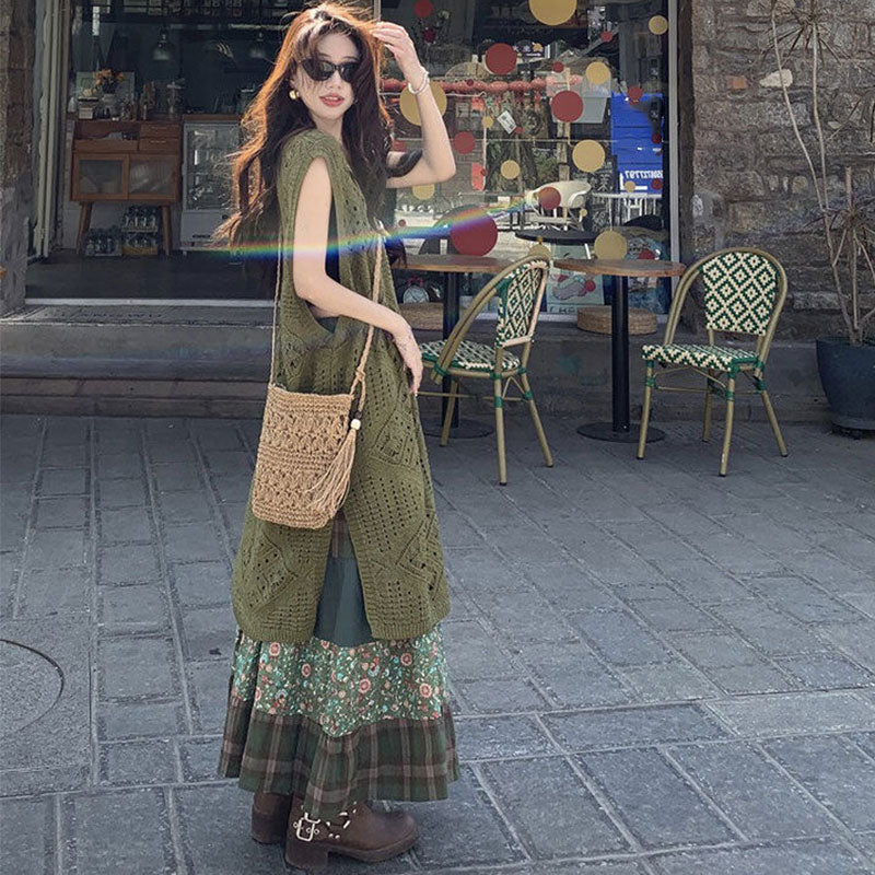レトロロングケーブルトップスワンピース＆エスニック花柄Aラインスカートセットアップ