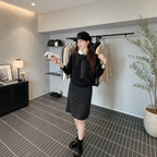 パールカラーニットトップス+水玉スカートリボン付きセットアップ 日常コーデ