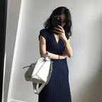 ストライプキーネックフレンチ袖薄ニットワンピース