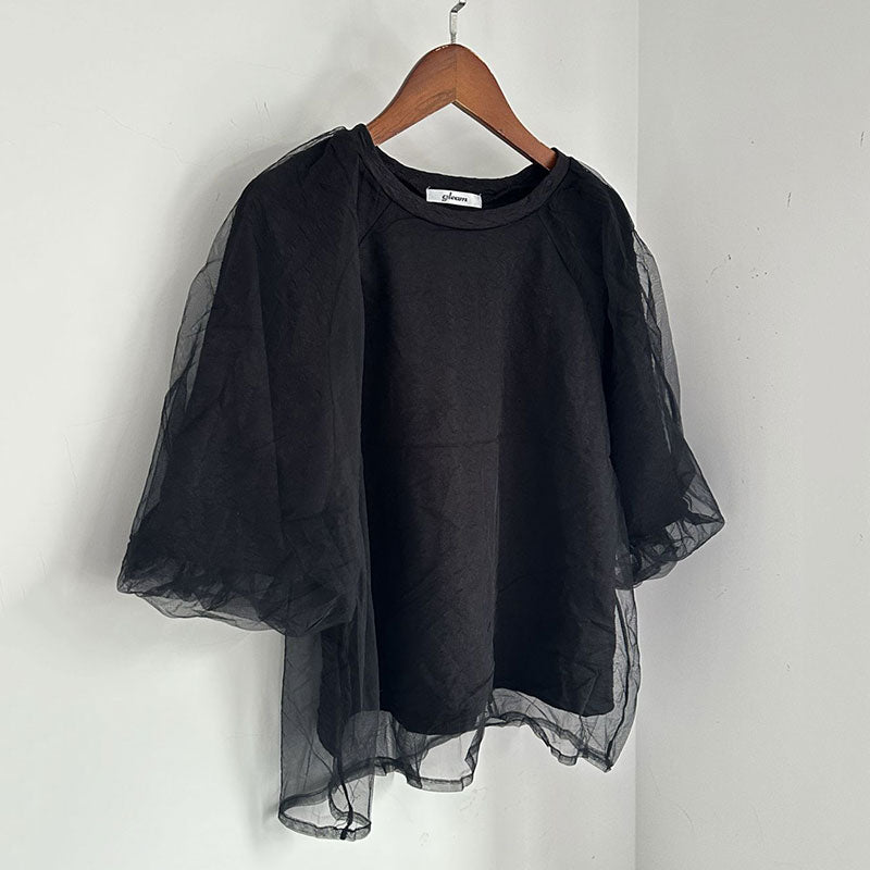 パフスリーブ半袖メッシュ切替Tシャツトップス