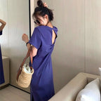 後ろ開きデザイン半袖Tシャツワンピースカジュアルワンピース