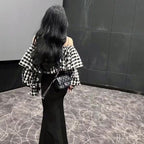 チェック柄ボートネックパフスリーブブラウストップス