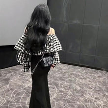 画像をギャラリービューアに読み込む, チェック柄ボートネックパフスリーブブラウストップス
