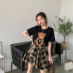 クマプリント半袖Tシャツ＆チェック柄不規則スカートセットアップ