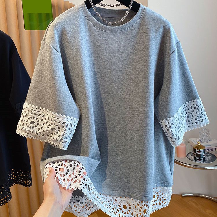 レース花柄切替半袖Tシャツトップス