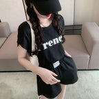 アルファペットプリントバック開き半袖Tシャツ＆ハイウエストショートパンツセットアップ