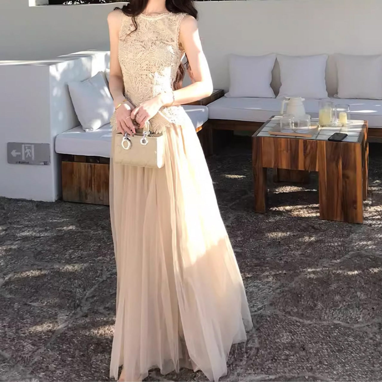 レース チュール セットアップ レディース ノースリーブ ロングスカート きれいめ デート 結婚式 パーティー