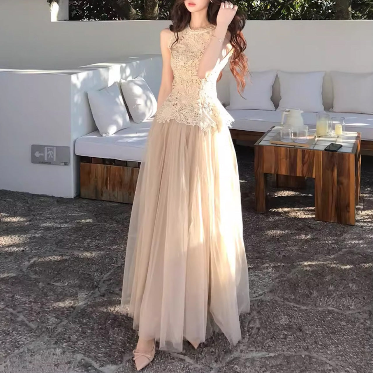 レース チュール セットアップ レディース ノースリーブ ロングスカート きれいめ デート 結婚式 パーティー