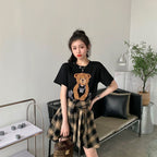 クマプリント半袖Tシャツ＆チェック柄不規則スカートセットアップ